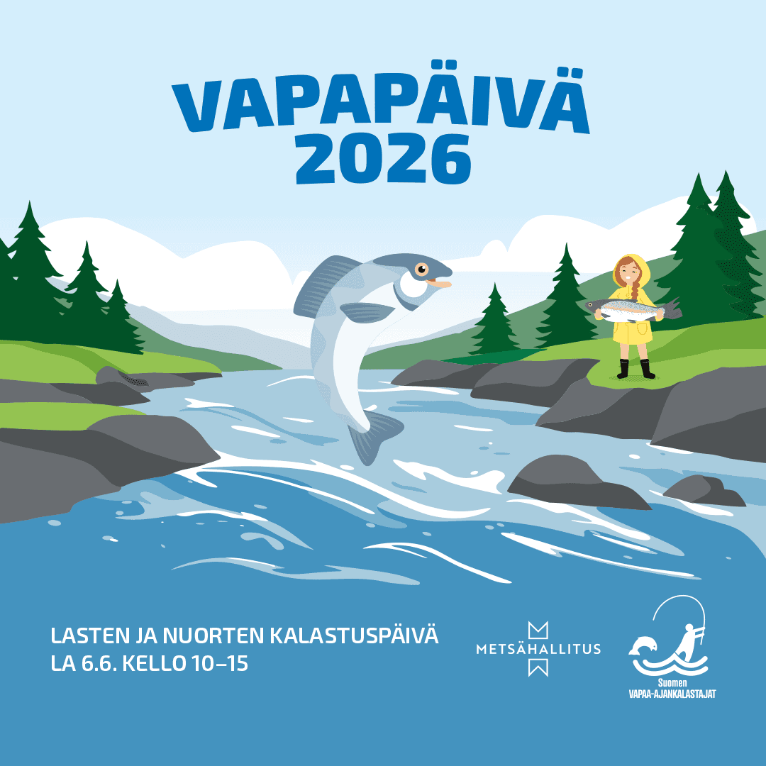 Piirretty kuva, jossa kala hyppää joessa ja lapsi on rannalla.