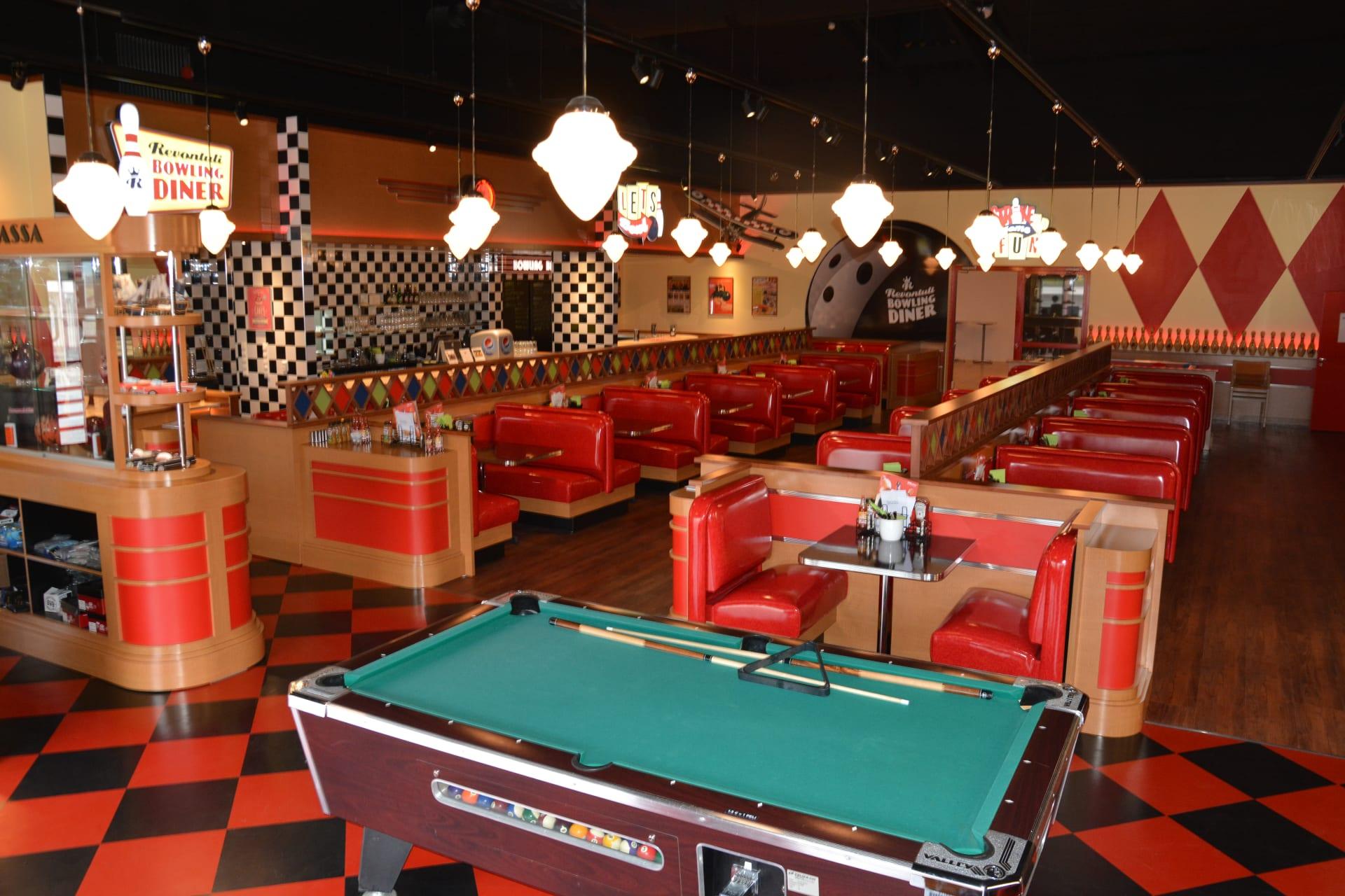 Retro American Diner restaurant with bowling alleys.