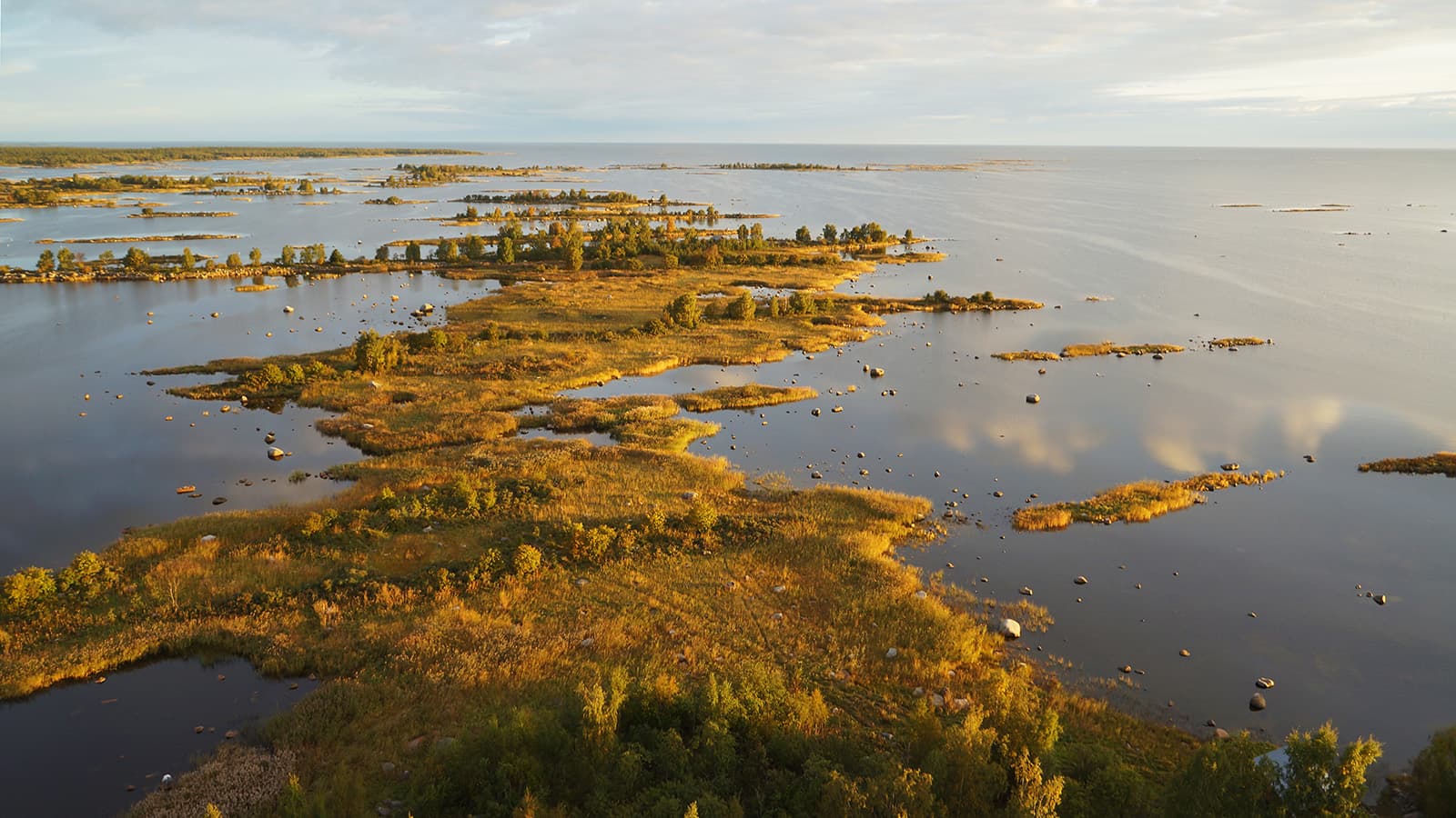 Flygfoto med skärgård och hav.
