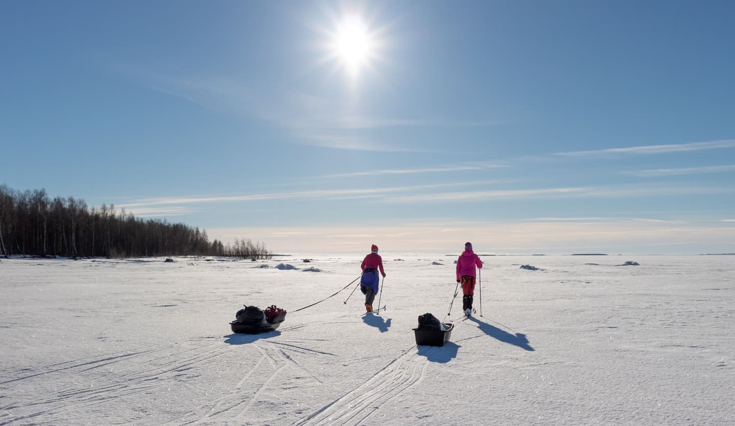 Kuva: Sini Salmirinne Kaksi hiihtäjää meren jäällä. Aurinko paistaa kirkkaalta siniseltä taivaalta.