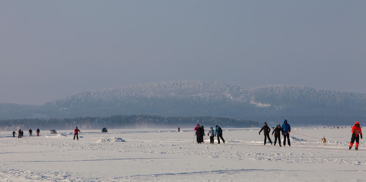Image: Kirsti Hassinen Hikers skating. In the background, a winter landscape with hills.