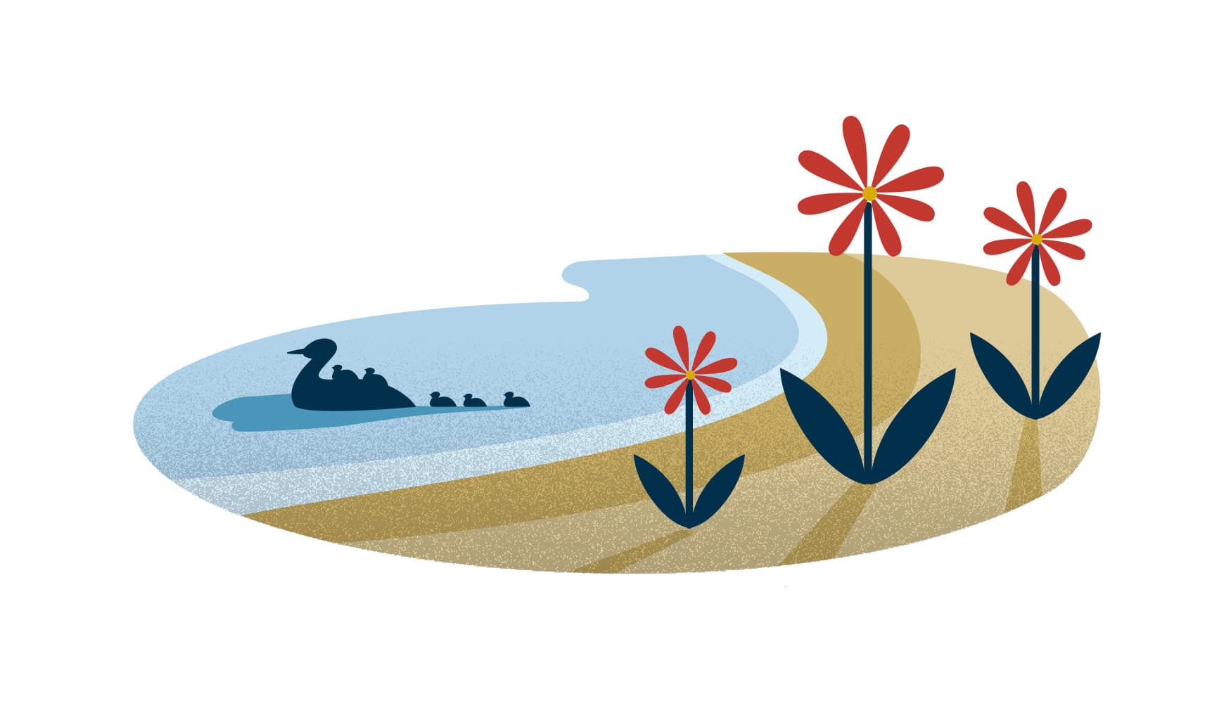 Kuva: Anna Pakkanen Lintupoikue liikkuu vedessä. Rannalla kasvaa kukkia.