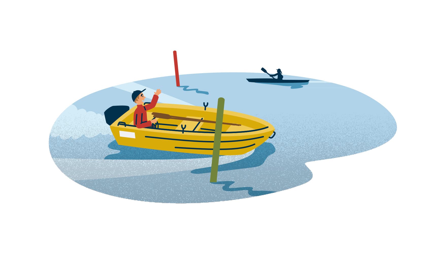 Kuva: Anna Pakkanen Veneilijä ajaa viittojen mukaisesti ja tervehtii kauempana liikkuvaa melojaa