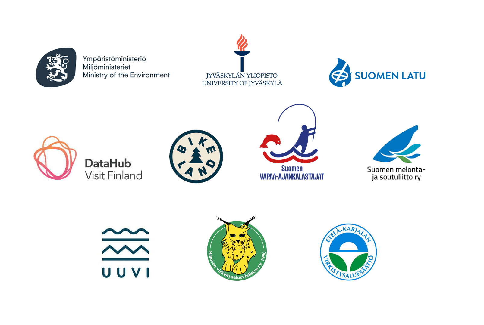 Ympäristöministeriö, Jyväskylän yliopisto, Suomen latu, VisitFinland Datahub, Bikeland, Suomen vapaa-ajan kalastajat, Suomen soutu- ja melontaliitto, UUVI, Hämeen virkistysalueyhdistys, Etelä-Karjalan virkistysaluesäätiö