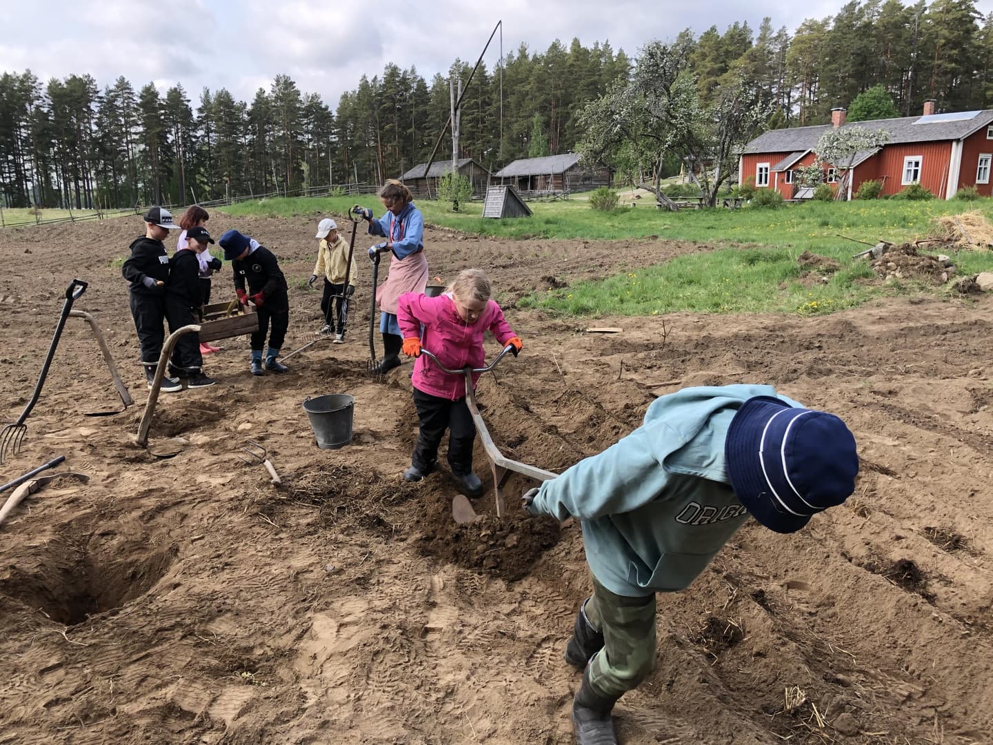 Kuva: Elisa Peussa Lapset kiskovat auraa pellolla.