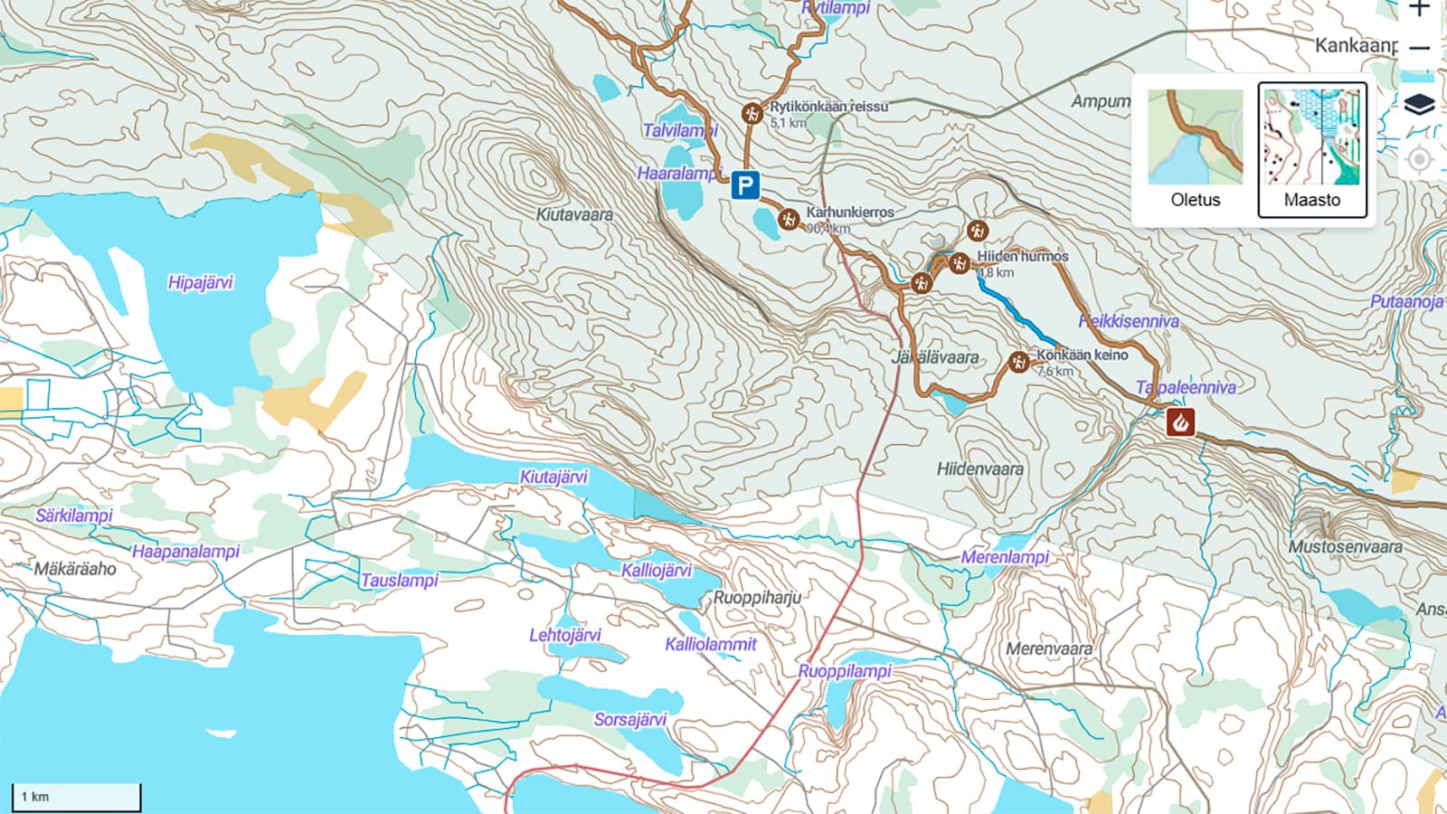 Bild: Metsähallitus/Forststyrelsen En terrängkarta som visar vatten, åkrar, skog och vägar.