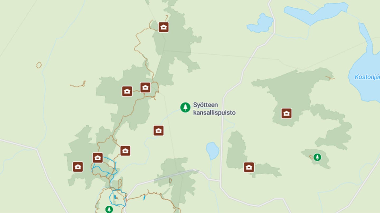 Kuva: Metsähallitus Karttanäkymä, jossa on valittuna Tuvat-suodatin.