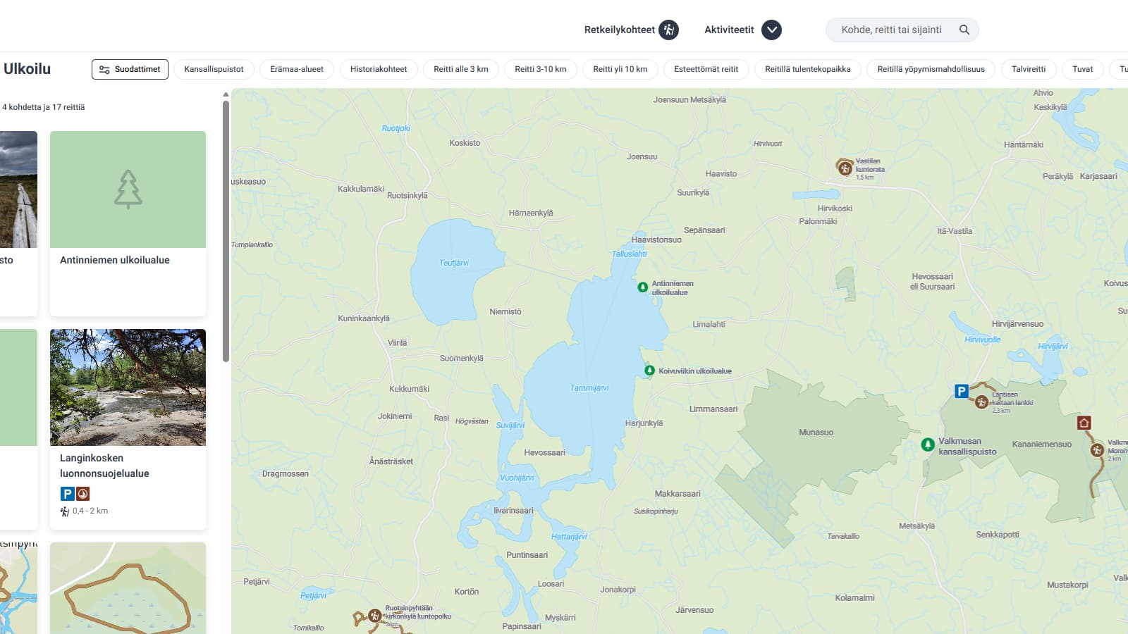 Suodattimet näkyvät Luontoon-palvelun kohde- ja reittihaussa kartan yläpuolella.