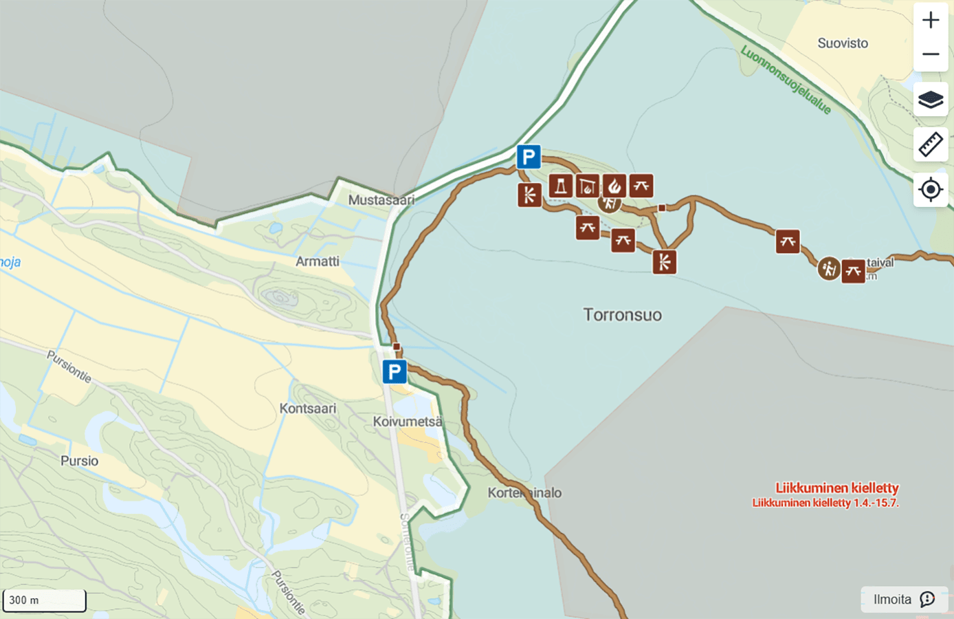 Kuva: Metsähallitus Erilaisia ikoneita kartalla.