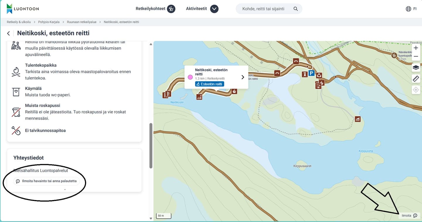 The button leading to the feedback form can be found both on the route or structure page and in the bottom right-hand corner of the map.