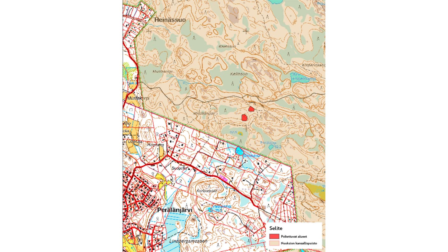 Kuva: Metsähallitus Kartalle on merkitty Nuuksion kansallispuisto ja poltettavat kohteet.
