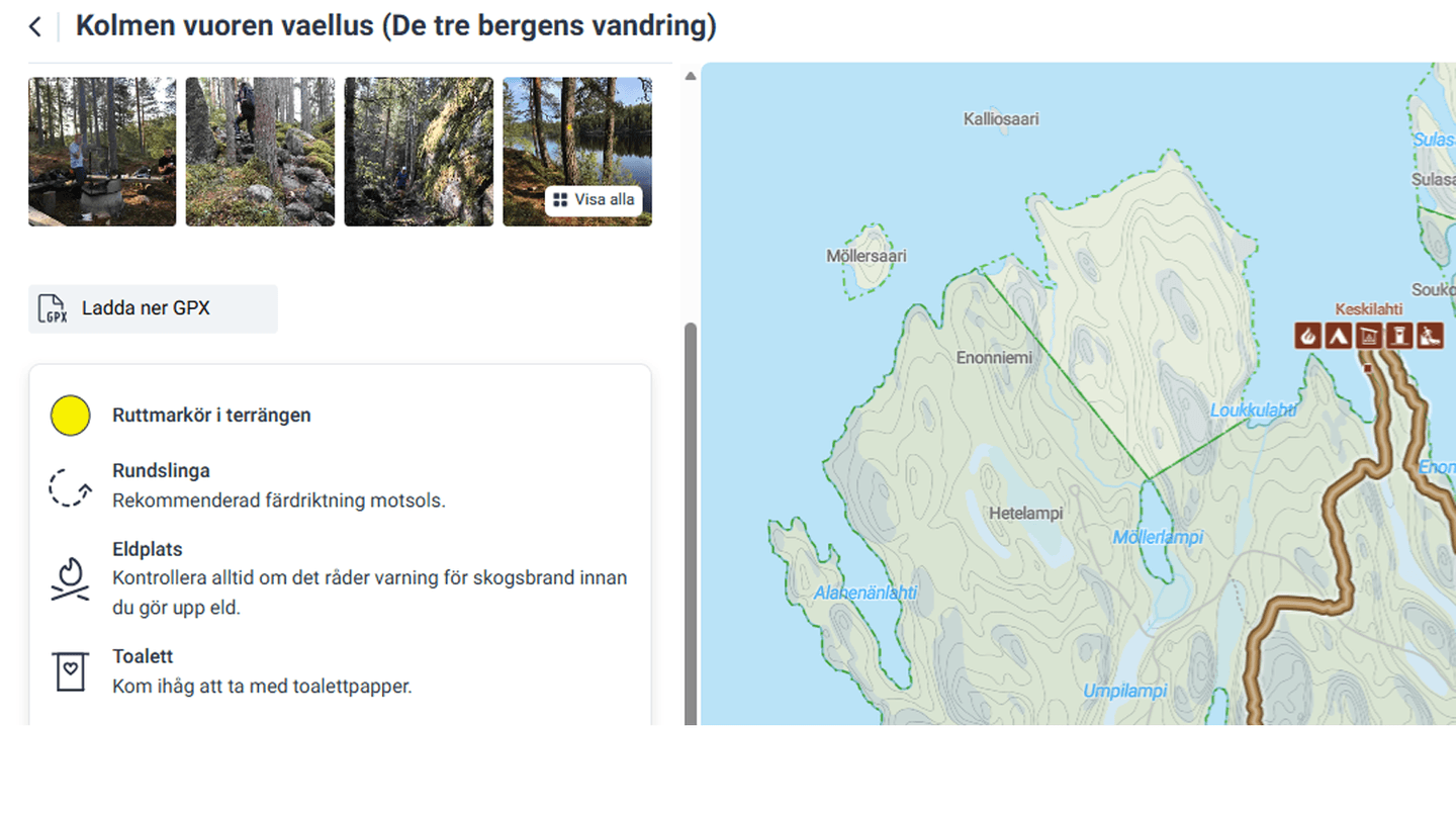 Bild: Metsähallitus I vyn visas information om leden Kolmen vuoren vaellus (De tre bergens vandring).
