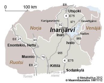 Nellimin vesistöreitin kartat ja kulkuyhteydet 