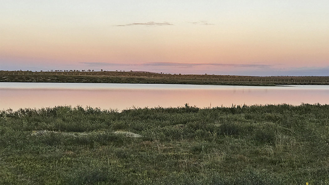 En ljusröd himmel med grönt gräs i förgrunden och en blå sjö i mitten av bilden. Ett renstängsel syns bakom sjön.