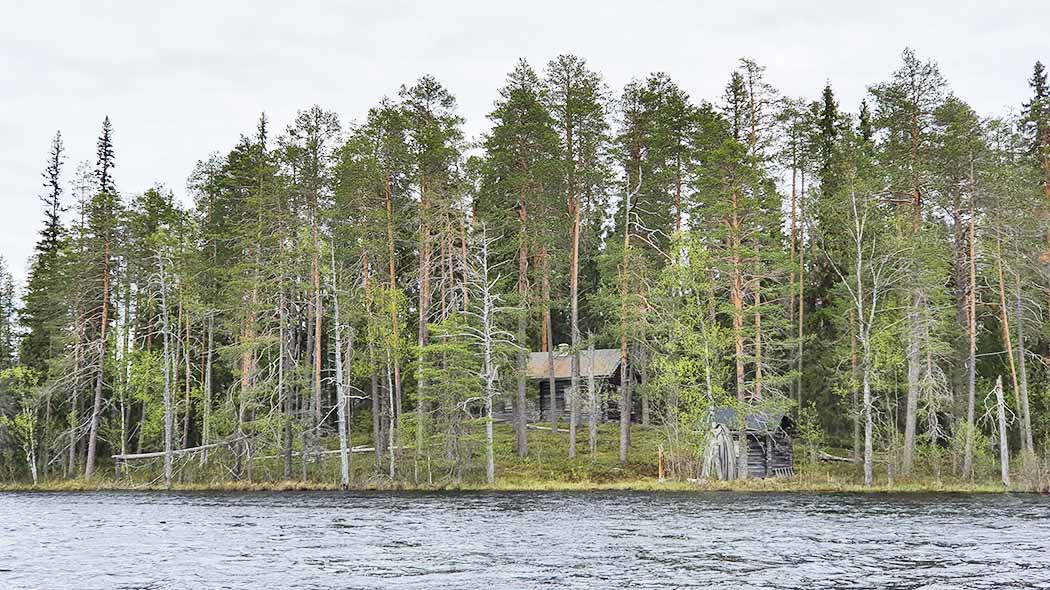 Kuvassa metsäinen saari jossa on vanha rakennus ja sauna. Etualalla vesistöä.